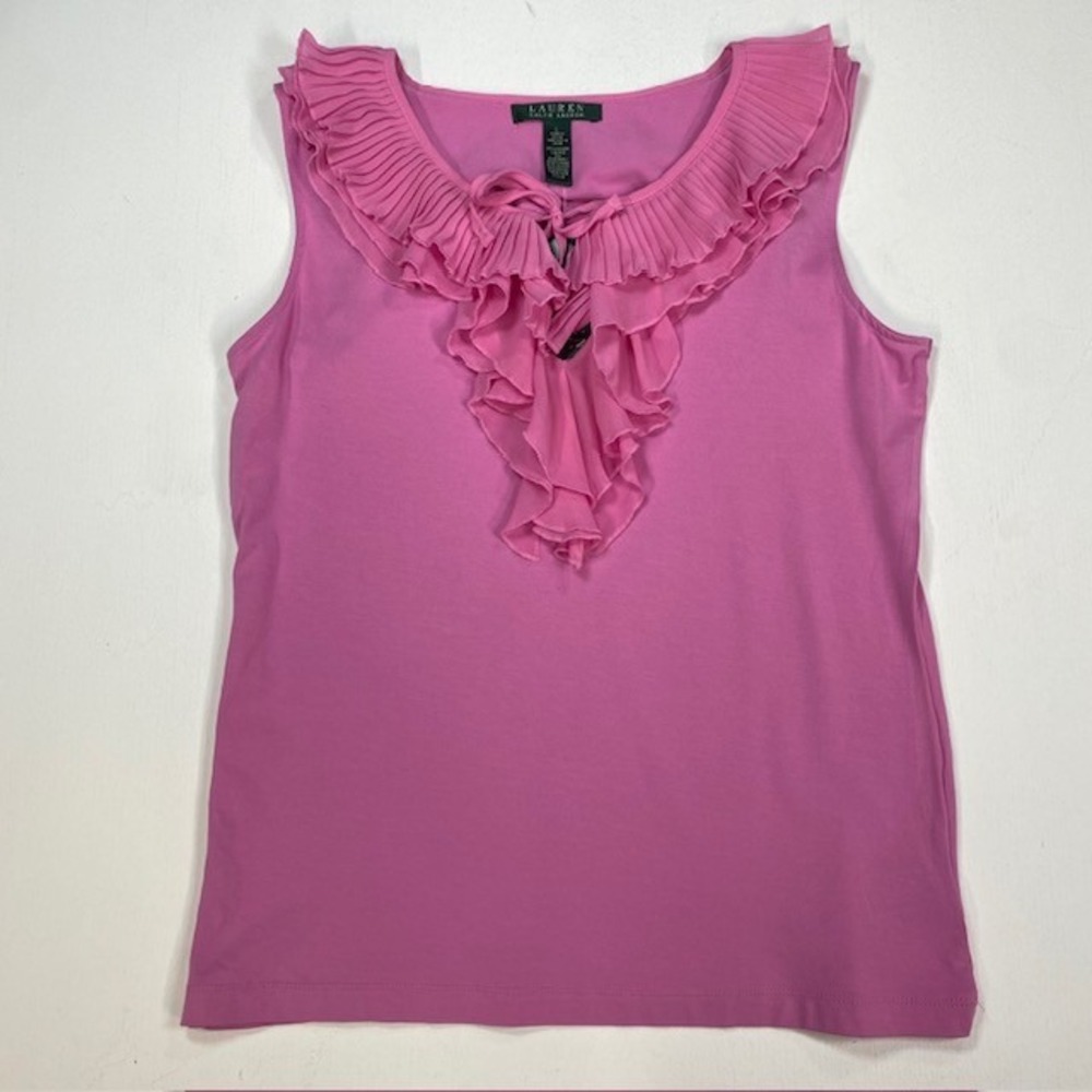 Lauren Ralph Lauren Pink Ruffle Neck Pleated Sleeveless Knit Top‎ Large NWT